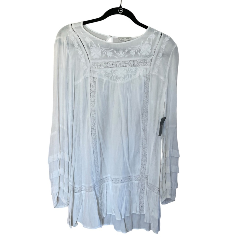 Lucky Brand White Boho Embroidered Lace Peasant Blouse Medium NWT - Picture 2 of 10